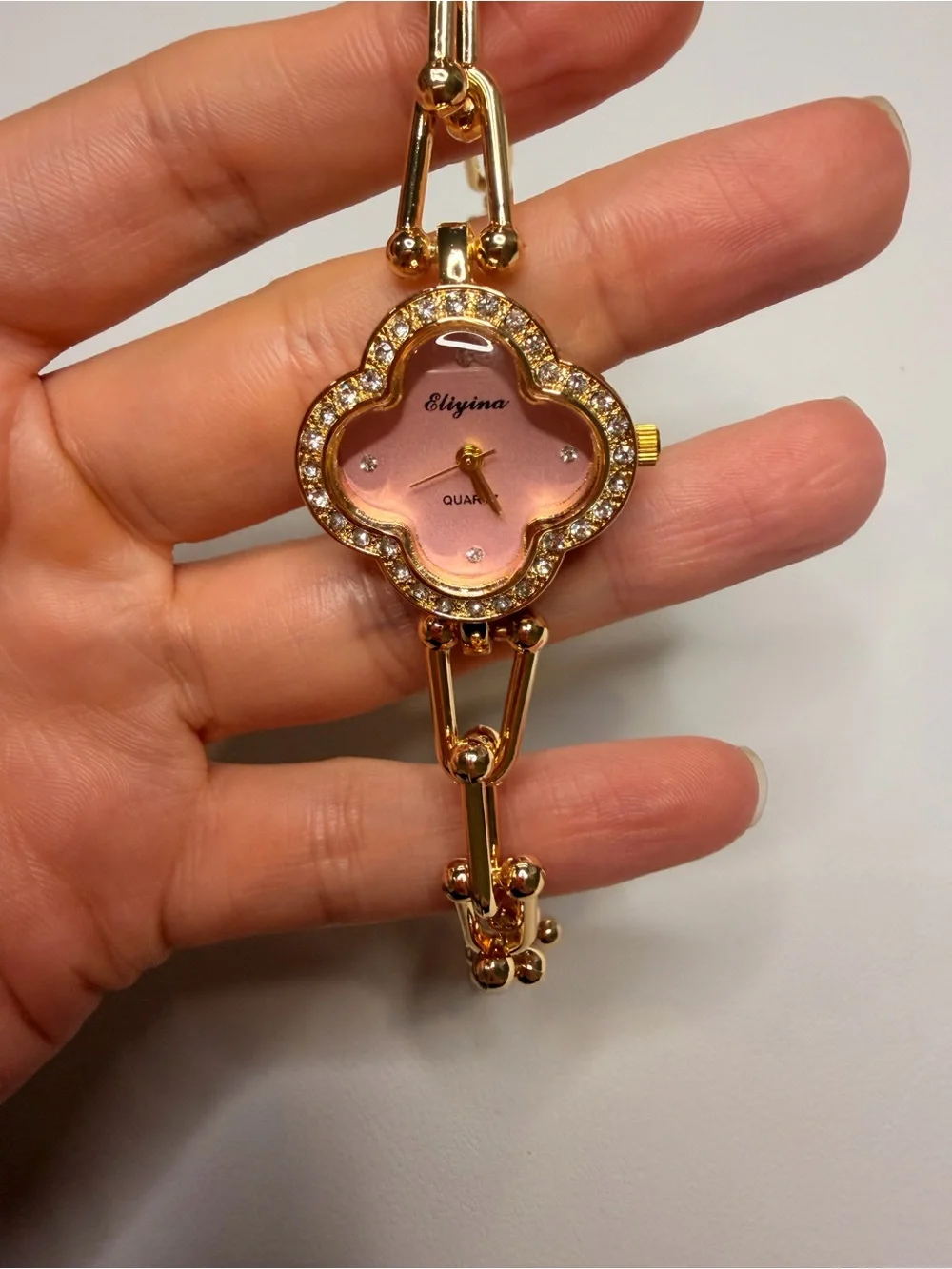 Gold-Tone Pink Dial Flower Quartz Watch
